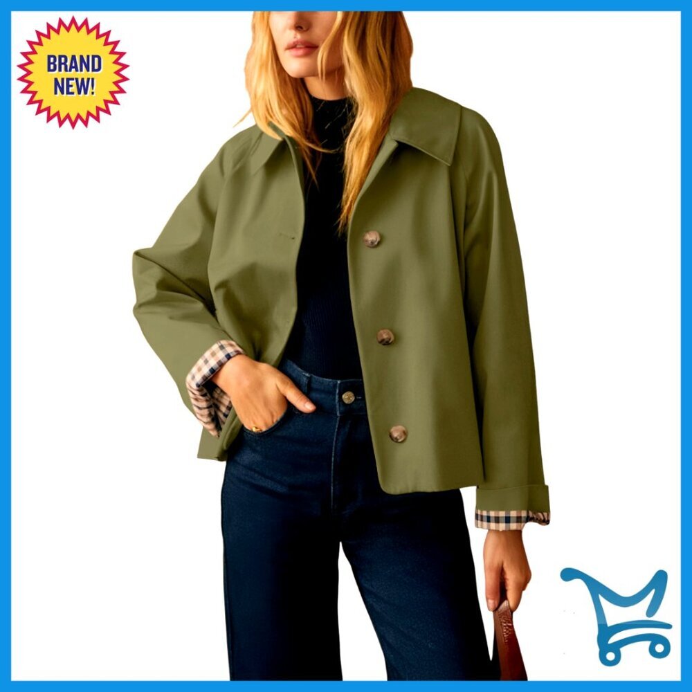 Lightweight Short Trench Jacket with Plaid Lining and Pockets